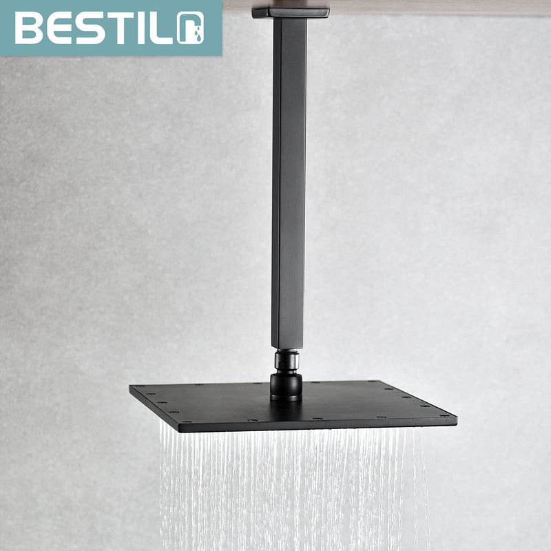 BESTILL 12 Inch Matte Black Ceiling Mount Shower Arm and Flange, Square Rain Shower Head Arm