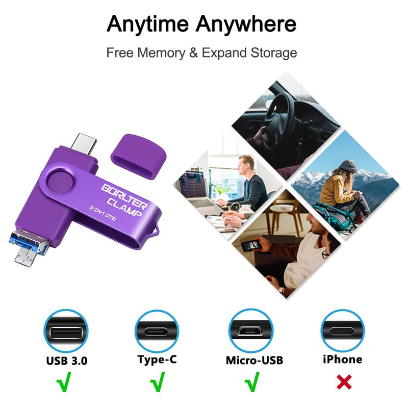 256GB 3 in 1 USB 3.0 Flash Drive Photo Stick for Android Phones, BorlterClamp OTG Memory Stick with 3 USB Ports (USB C, microUSB, USB A) for Samsung Galaxy, LG, Tablets, PC and More, Purple 256GB