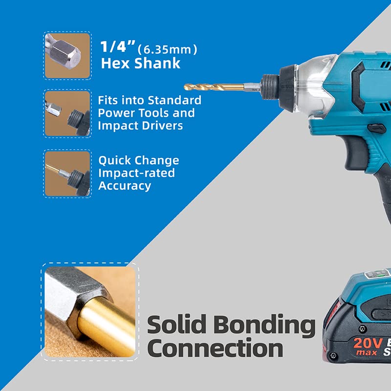 HIGHFIRE 22 Pieces Hex Shank Drill Bit Set for Impact Driver, HSS Twist Titanium Drill Bits for Metal, Hex Drive Quick Change Drill Bits Set 22pcs
