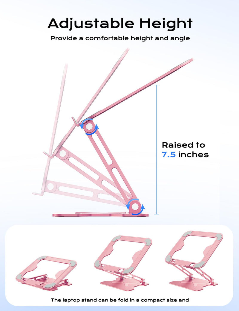Adjustable Laptop Stand for Desk, Metal Foldable Laptop Riser, Portable Laptop Holder Mount, Ventilated Cooling Computer Notebook Stand for MacBook Air Pro, All 10-16'' Notebooks Laptops, Pink