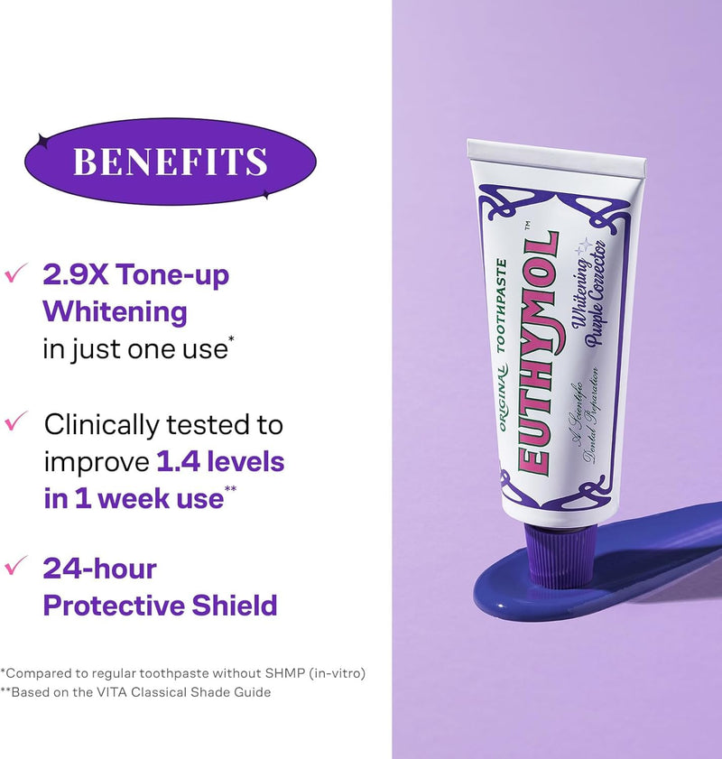 Euthymol Purple Whitening Toothpaste – for Yellow & Sensitive Teeth | Violet Tone-Up Formula, Instantly Brightens, 24H Stain Defense, Long-Lasting Fresh Breath (Pack of 2) 3.7 Ounce (Pack of 2)