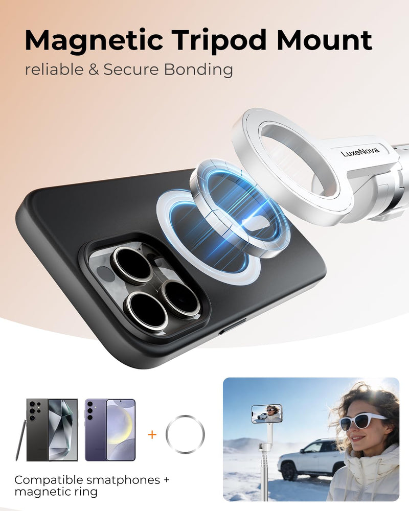 72'' Magnetic Selfie Stick Tripod for iPhone MagSafe – One-Click Open Stable Stand, Strong Magnetic Mount, 360° Rotation, Extendable Aluminum Tripod with Bluetooth Remote for Travel & Video Recording White