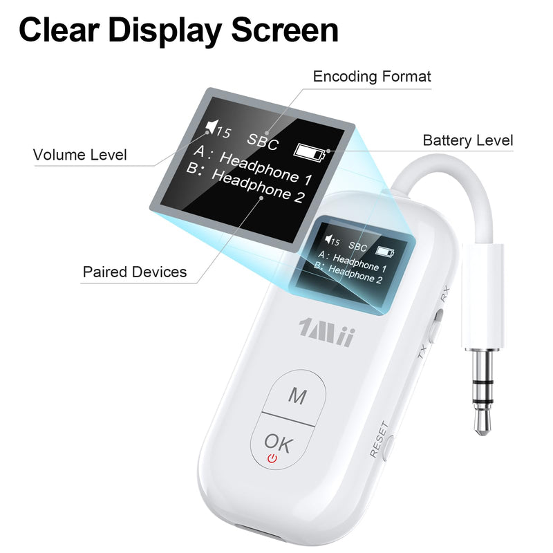 1Mii SafeFly Pro Airplane Bluetooth Adapter for AirPods Wireless Headphones | 3.5mm AUX Bluetooth Transmitter Receiver with Screen, Dual Link for Travel Flight, TV, Gym, Car/Home Stereo, 25H Battery White