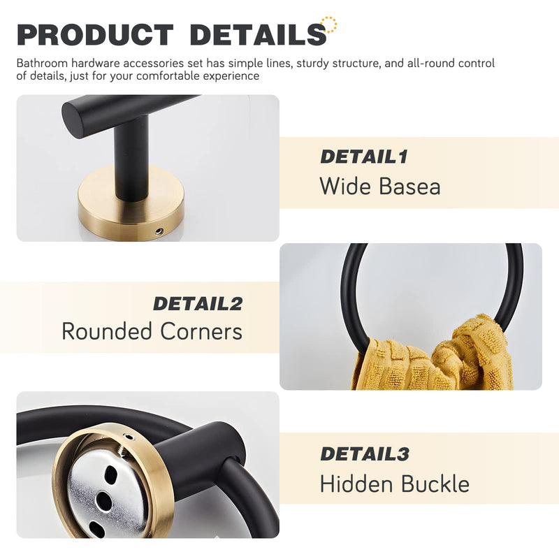 Bathroom Hardware Set 3 Piece Black&Gold Wall Mounted Stainless Steel Hardware Towel Bar Set Gold Bathroom Accessories Towel Rack Set Kit Includes Hand Towel Ring, Toilet Paper Holder, Robe Hook 3-piece Style 1