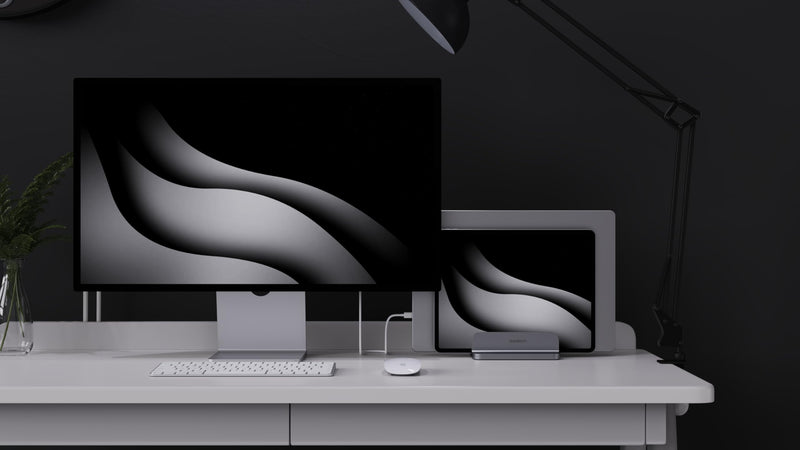 Dual Aluminum Vertical Laptop Stand Organizer, Sturdy Notebook Computer Holder Stand Compatible with New Liquid Retina XDR Apple MacBook Air/Pro, Mac mini, Apple TV and iPad Pro - Spacegray SpaceGrey