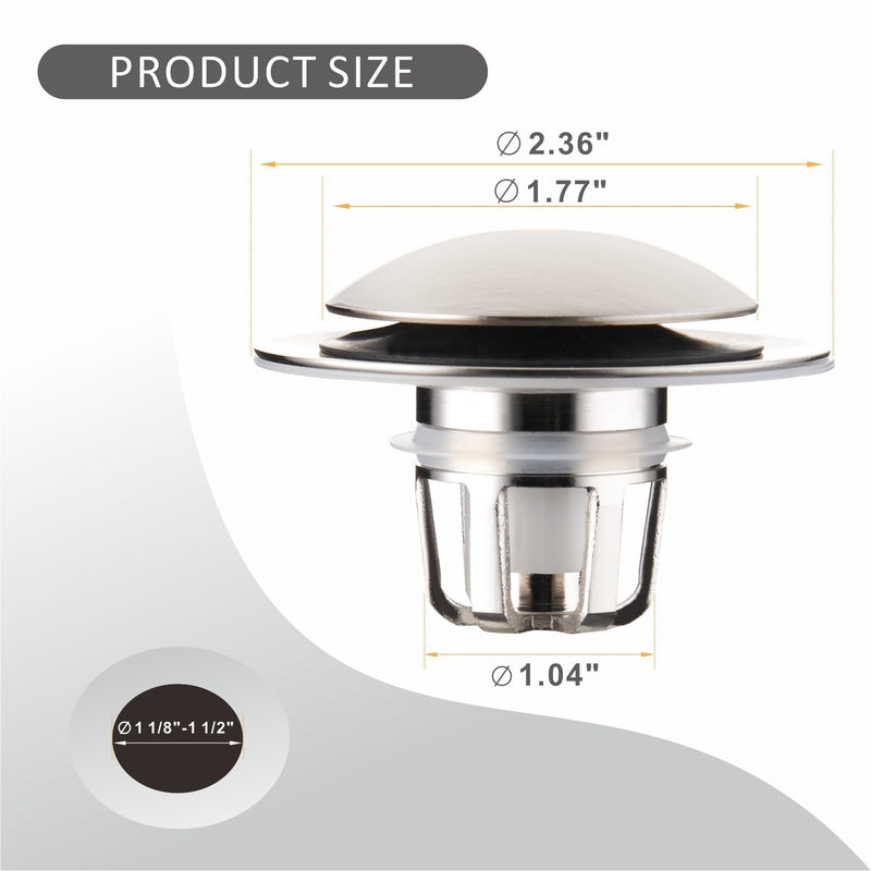 2 Pack Brushed Nickel Bathroom Sink Stopper Pop Up, Wellup 2-in-1 Bathroom Sink Drain Stopper for 1 1/8"-1 1/2" Sink Drain Hole, Universal Sink Stopper Strainer with Hair Catcher Brushed Nickel-2