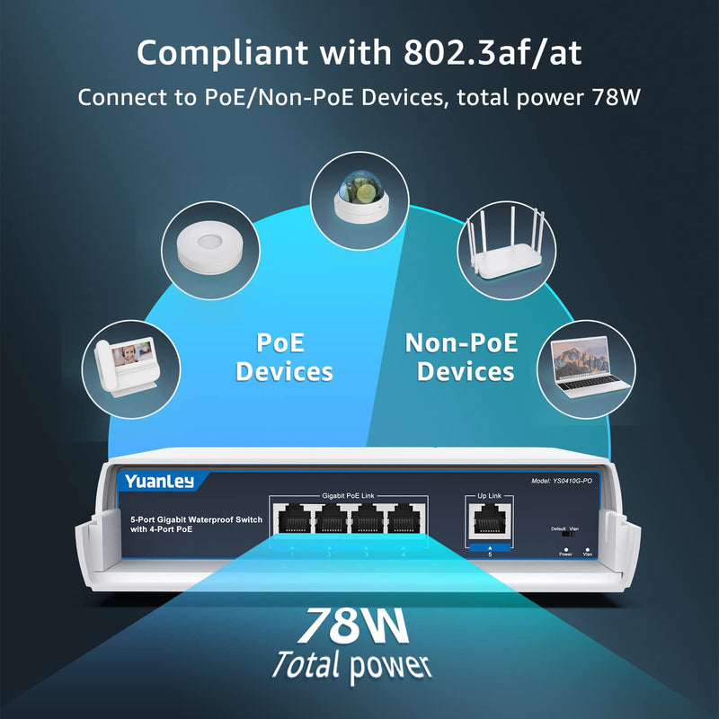 YuanLey 4-Port PoE Switch Gigabit- Waterproof Outdoor Ethernet Unmanaged Network Switch with VLAN Function, 78W Built-in Power, IEEE802.3af/at Support and Plug & Play, Ideal for Outdoor Use 4 Port | Waterproof Gigabit