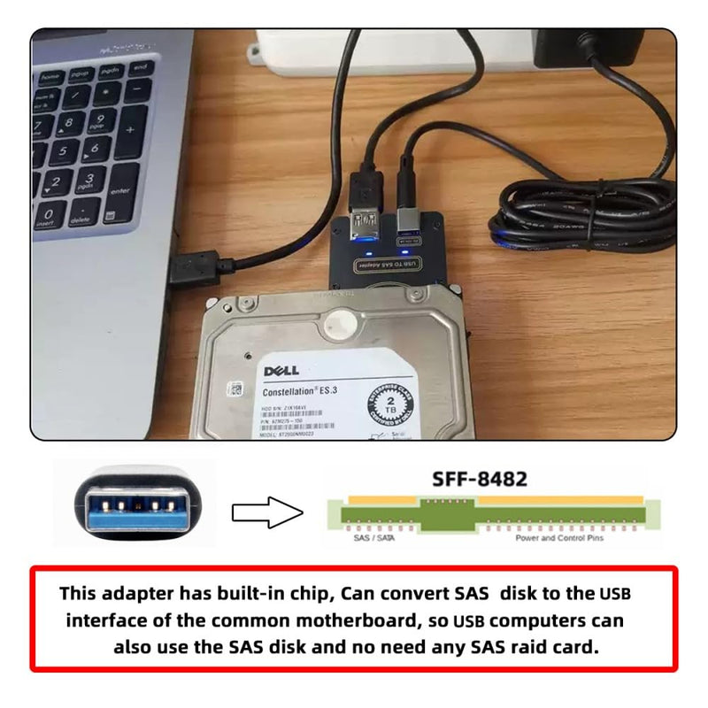 cablecc 29Pin SFF-8482 SAS to USB 3.0 5Gbps Hard Disk Drive Raid Adapter with Chipset and Power Port (Need 12V/3A Power Supply) SFF-8482 to USB3.0 cable with power supply