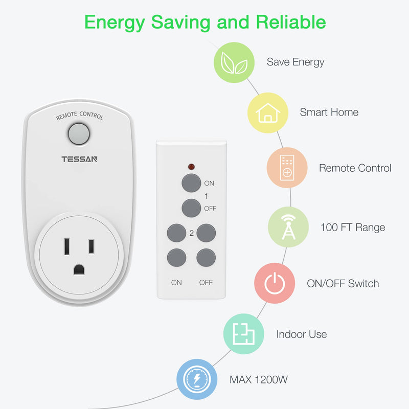 2 Pack Remote Control Outlet, TESSAN Wireless Electrical Plug Switch for Lights, Lamps, Fans, 100ft RF Range, 1200W (1 Remote + 2 Outlet) 1 Remote + 2 Outlet