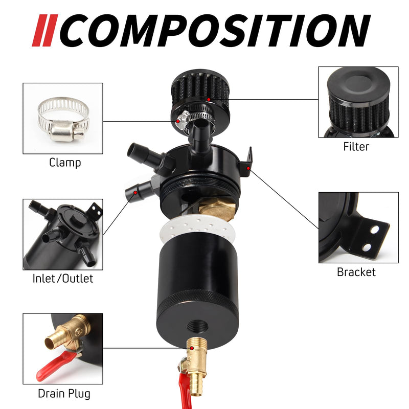 Oil Catch Can Kit with 4 Adapters + Breather Filter Drain Valve Plug 2 Ports (1 oulet + 1 inlet) 150ml Universal Aluminum Baffled Oil Reservoir Tank Oil Separator HTRACING black