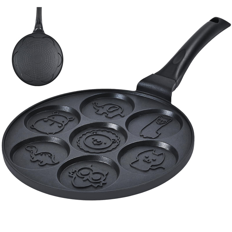 Pancake Maker Egg Frying Pan Suitable for All Stovetops & Induction Cooker, 10.5 Inch Animal Pancake Pan, 7 Molds Pancake Maker with PFOA Free Coating Black