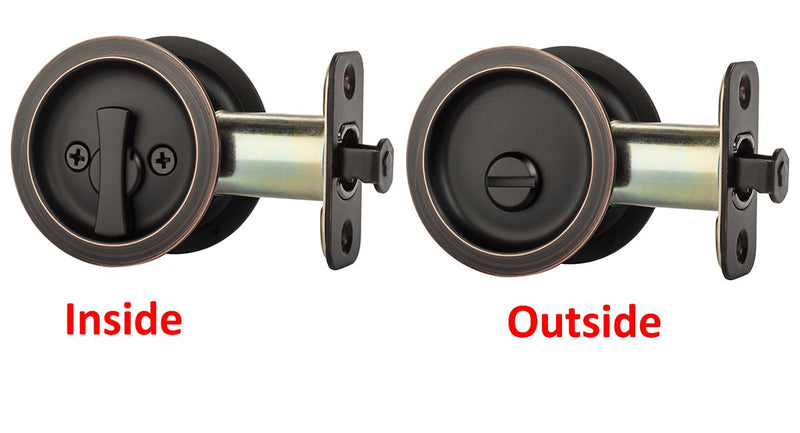 Dynasty Hardware Pocket Door Latch, Round Sliding Handle for Bathroom or Bedroom, Locking Passage Pull, Easy Install Pocket Door Hardware, Aged Oil Rubbed Bronze Finish, 2-3/8" Backset, Universal Fit