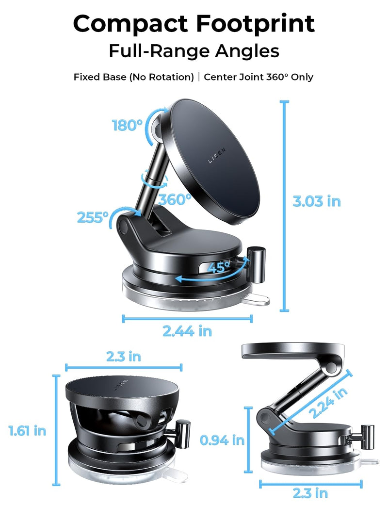 LISEN 15W Magsafe Car Mount Charger，[Lever Lock] Suction Cup Phone Holder,360° Vacuum Magnetic Car Phone Holder Charger Wireless for iPhone 17 Pro Max Air 16-12,Pixel 10,Samsung with MagSafe Case Black