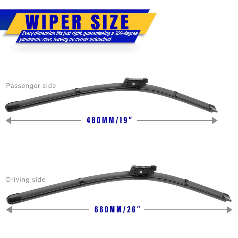 2 wipers Replacement For 2017-2023 Tesla Model 3/2020-2023 Model Y Original Equipment Replacement Wiper Blade - 26"/19" (Set of 2) Top Lock 26"+19" for 2020-2023 Tesla Model Y,2017-2023 Model 3
