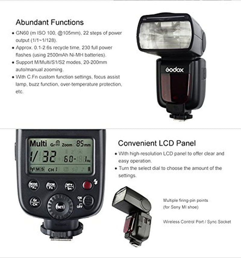 Godox TT600S GN60 2.4G Wireless X System Speedlite Flash for Sony Camera,0.1-2.6s Recycle time,5600k±200k Color Temperature,32 Channel,230 Full Power Flashes,Compatible for AD360II TT685 X1T