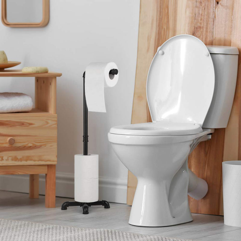 MOOACE Toilet Paper Holder Stand, Industrial Free Standing Bathroom Tissue Paper Roll Dispenser, Black pack of 1