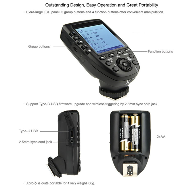 Godox XPro-S TTL Wireless Flash Trigger for Sony Cameras, 1/8000s HSS Large Screen Slanted Design 5 Dedicated Group Buttons 11 Customizable for V1S V1ProS V100S V860IIIS AD200Pro AD200ProII AD400Pro