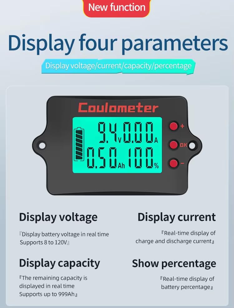 Battery Capacity Tester | Coulomb Counter | DC 8-120V 0-100A | Voltmeter/Ammeter | for Touring Car/Electric Car (100A+3M USB) 100A+3M USB