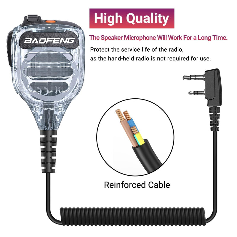 Baofeng Microphone Handheld Heavy Speaker BF-850 Ham Radio Mic IP54 Waterproof Volume Adjustable Speaker Mic for UV-5R BF-F8HP PRO AR-5RM UV-21R for Kenwood Retevis Walkie Talkies(2 Pack) Clear