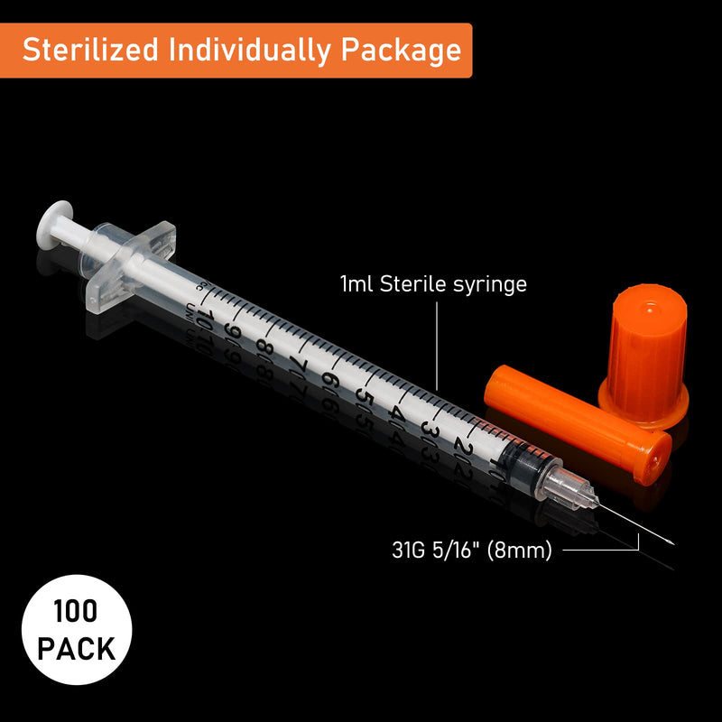 1ml/cc 31G Syringe 5/16" (8mm) Needle, Disposable Individual Package Pack of 100 1ml 31G 5/16inch