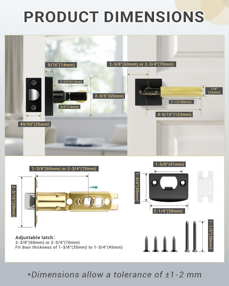 KNOBWELL 1 Pack Gold and Black Door Handle Square Doorknob with Lever Interior Door Lever for Bed and Bath (Push Button) Square Privacy Black and Gold
