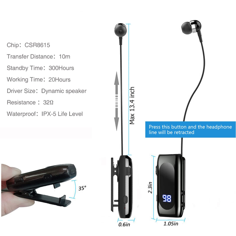 Retractable Wireless Headset Headphone Stereo Earphone V5.0 Noise Cancelling Mic Clip on Earpiece Comfortable HandsFree Headset 20Hrs Talking Time Sports Business Trucker Driver Earbud Iron Black