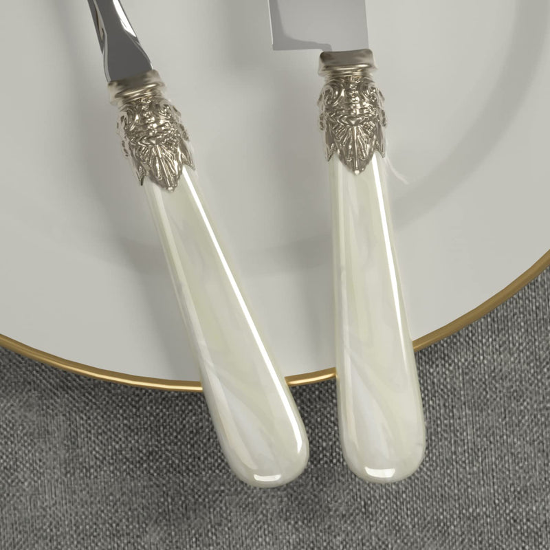 Wedding Cake Knife and Serve Set, Fancy Hand Craft Italian Style Design, Pearl Pie Knife Server Set, Vintage Silverware,Cake Cutter Set, Cake Knife Gift Set, 2 pcs (White) White