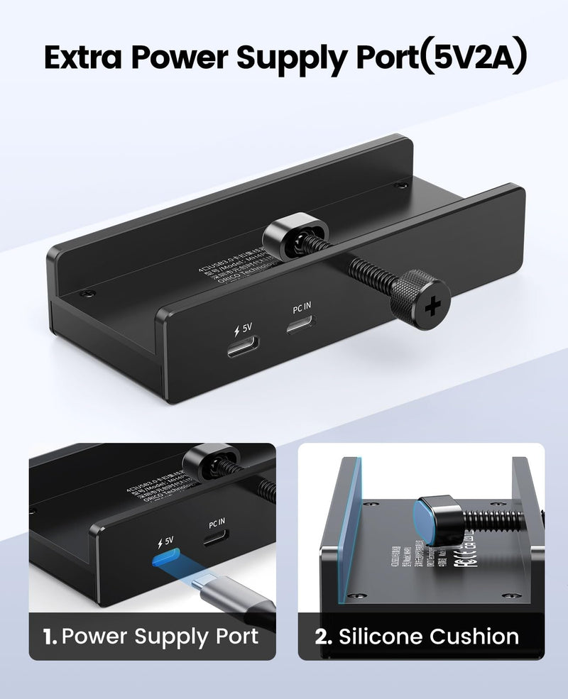 ORICO USB Hub 3.0, Clamp USB Hub with Extra Power Supply Port, Aluminum 4-Port USB Adapter with 3 USB-A Data Ports, USB-C Port for Monitors, Desks (Black) Black