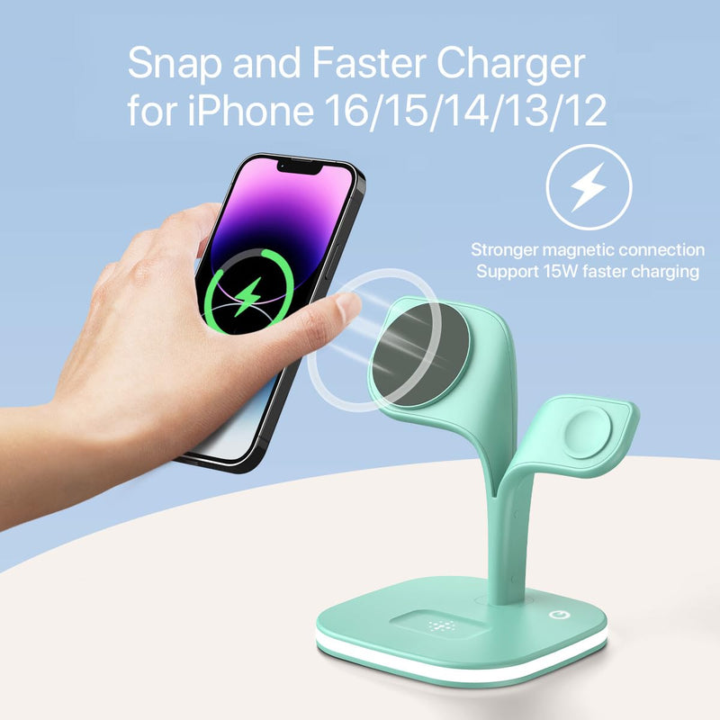 EXW Charging Station, Magnetic Wireless Charger,5 in 1 Fast Mag-Safe Wireless Charger Stand for iPhone 17/Air/16/15/14/13/12 Pro/Max/Mini/Plus, Apple Watch 10/9/ 8/7/6/SE/5/4/3/2 and Airpods 3/2/Pro Green