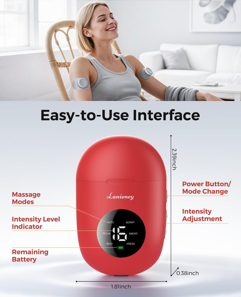 Wireless TENS Unit, Muscle Stimulator for Pain Relief, Portable TENS Machine, Dual Channel Pocket-Size EMS Massage Device with Charging Case, LED Screen for Back, Shoulder, Waist, Red
