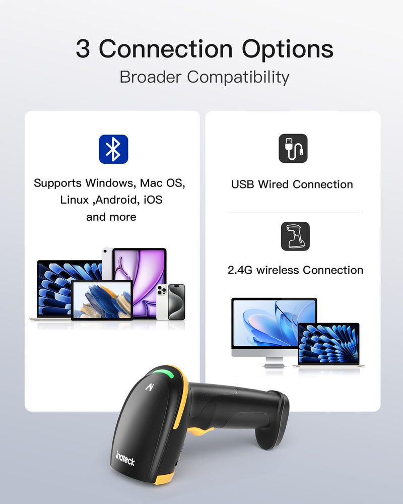 Inateck Bluetooth Barcode Scanner 2D, Wireless 2D QR Code Scanner with 2600 mAh Battery and Smart Charging Base, Handheld Scanner Support AI, APP, SDK, BCST-36 BCST-36-BK