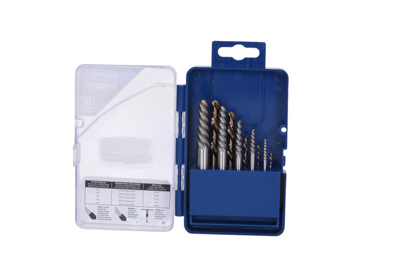Century Drill & Tool 88710 Spiral Flute Screw Extractor & Left-Hand Drill Set, 10 Piece, M35 Cobalt Steel, Includes #1 - #5 Extractors & Left Hand Drills 10-piece Spiral Flute