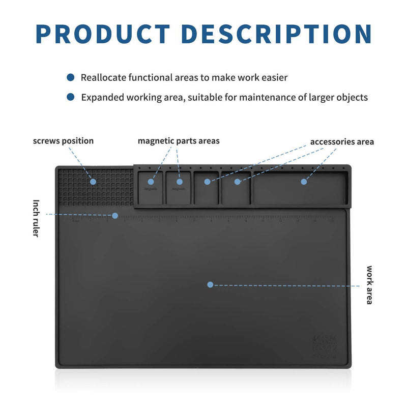 HengTianMei-202 Black Magnetic Repair Work Mat Heat Resistant 932°F, Silicone Soldering Mat Expand Work Area for Soldering, Electronics, BGA, Soldering Station, Computer Repair Etc 17" * 12" HTM-202
