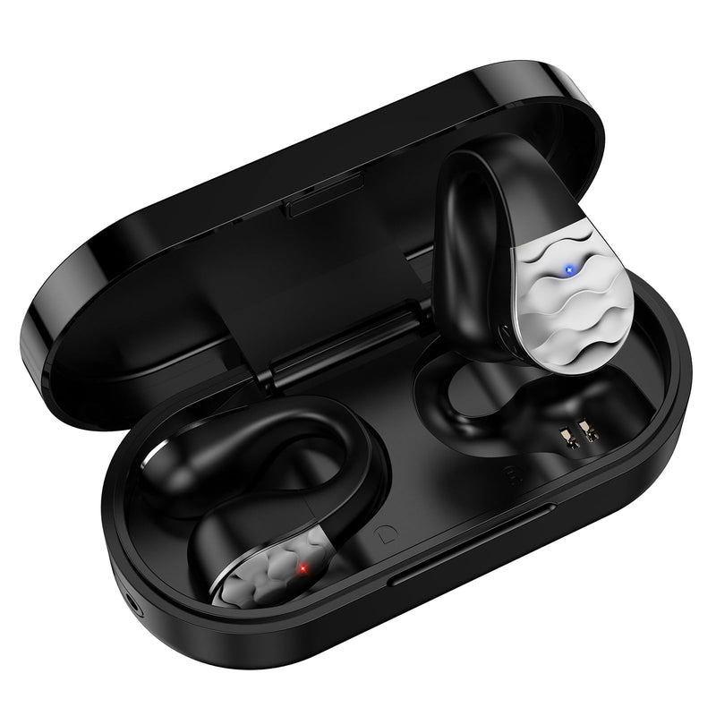 aigo Wireless Headphones Bluetooth Earbuds, Open Ear Clip Earphones for iPhone/Android/Computer, Sport Ear Buds Built-in Mic, Noise Canceling, Waterproof, Wireless Charging, Black Headset