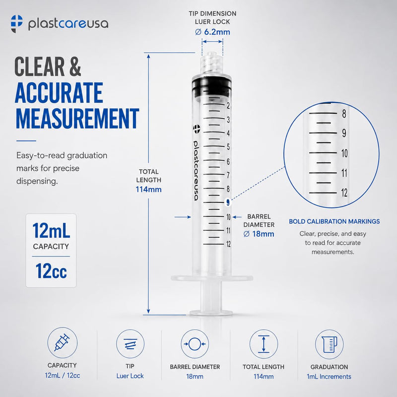 100 12ml Luer Lock Syringe without Needle, Disposable Luer Slip Tip Syringes - Non-Sterile, Latex-Free Plastic Dispenser by PlastCare USA 100.0
