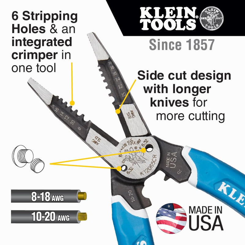 Klein Tools K12065CR Wire Stripper / Cutter / Crimper Tool, Made in USA, for Cutting, Stripping, Crimping, Twisting (8-18 AWG solid, 10-20 AWG stranded) Crimping Pliers