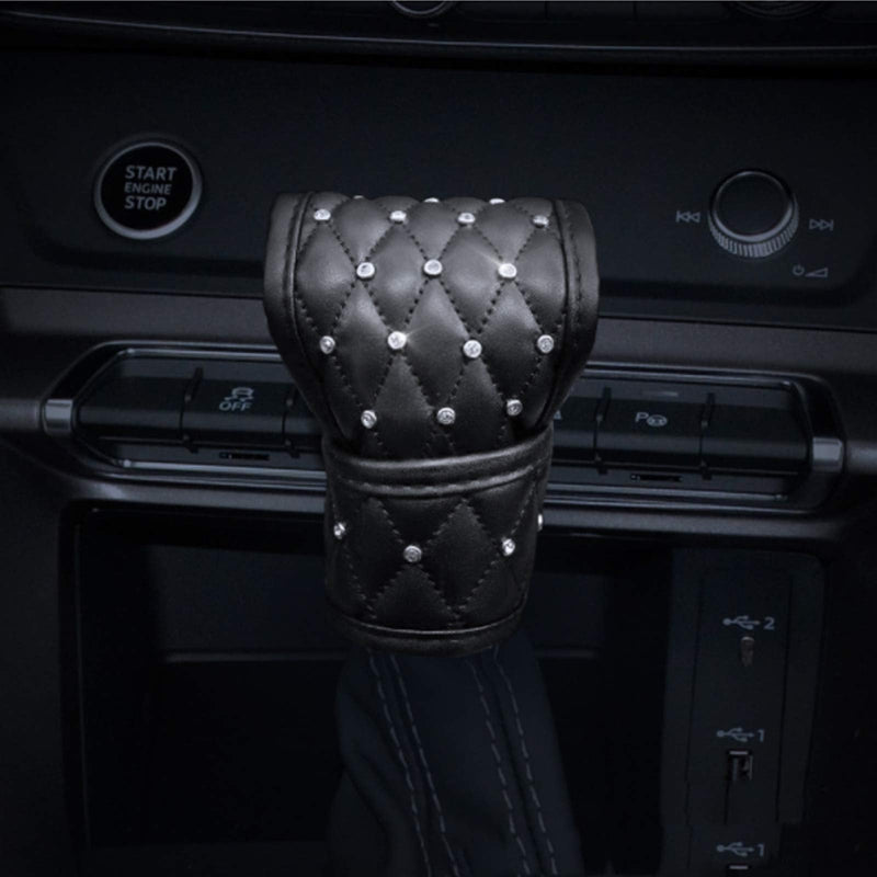 Bling Bling Auto Shift Gear Cover, Leather Auto Gear Shift Knob Cover with Crystal Glitter Bling Rhinestones for Girls,Lady Universal Fit (B-Black) B-Black