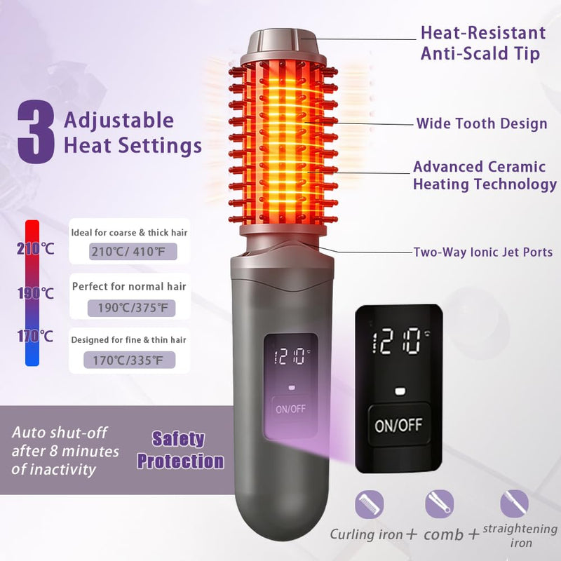 Cordless Hair Curling Iron Brush Rechargeable Battery-Powered, 3-in-1 Portable Hot Straightener Curling Comb 3 Temperature Settings with LCD Display White