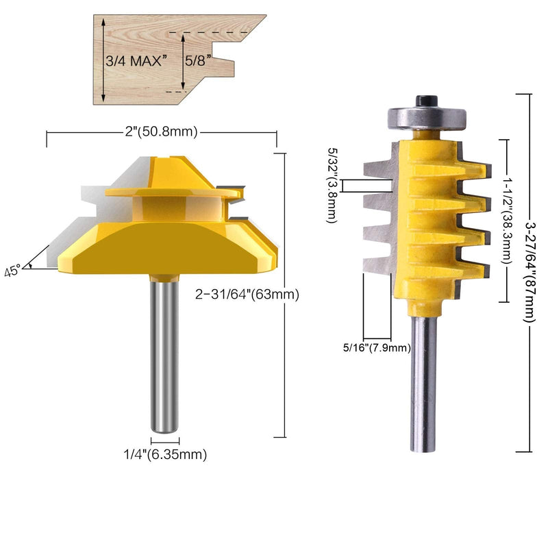 45 Degree Lock Miter Router Bit & T Shape Tongue and Groove Bit & Finger Joint Bit 1/4 Inch Shank Woodworking Milling Cutter Tool 4-Piece Set Splicing Router Bit Set 1