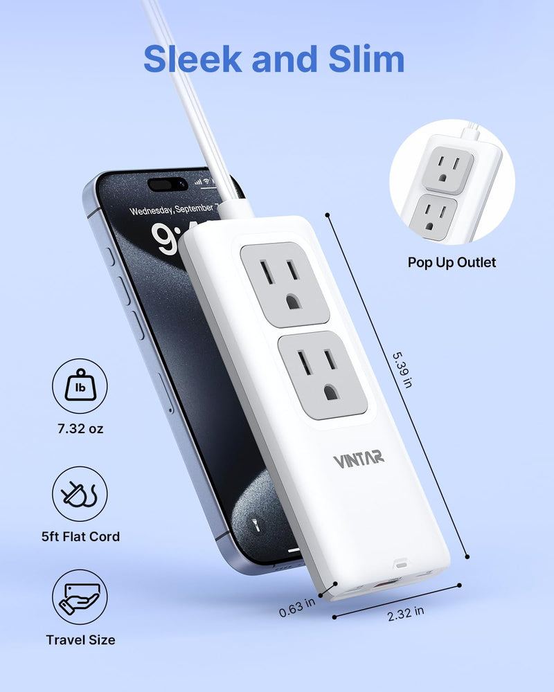 VINTAR 5FT Cruise Approved Travel Power Strip with 3 USB Ports(2 USB C) | Non Surge Protector, 45° Flat Plug Extension Cord, 2 Pop Up Outlets, Home Hotel Travel Cruise Ship Essentials