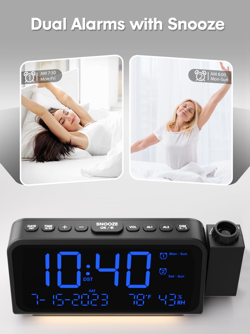 ROCAM Projection Alarm Clock for Bedroom Ceiling, Digital Clock with 180° Projector with 5-Level Dimmer, Dual Loud Alarm with Weekend/Weekday Mode, Date, Temp, Humidity, Night Light, DST, Snooze Blue