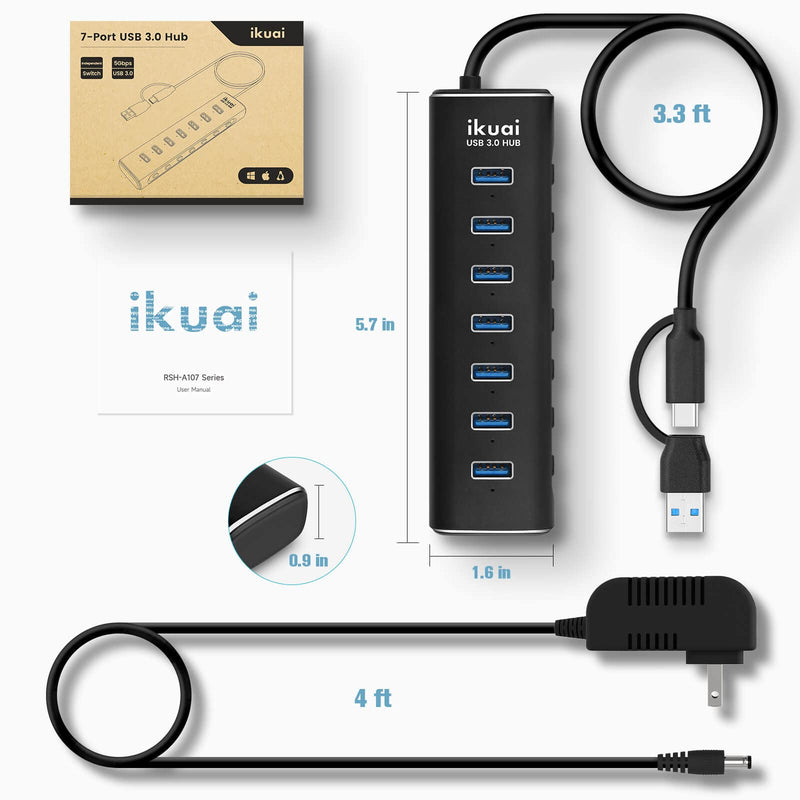 Powered USB 3.0 /USB C Hub, ikuai Aluminium 7-Port USB Hub Splitter with AC Adapter LED Individual On/Off Switches and 3.3ft Extended Long Cable for Laptop, Mac, PC, Flash Drive, Mobile HDD