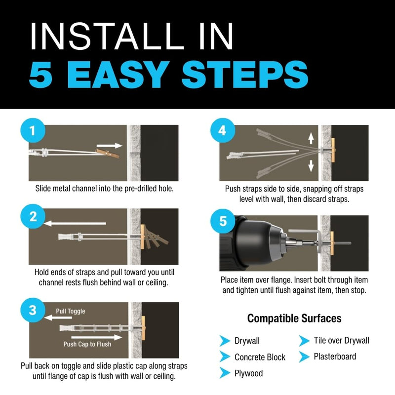 TOGGLER SNAPTOGGLE Heavy-Duty Drywall Toggle Bolt – 3/16"-24 UNC Zinc-Plated Anchor for Hollow Walls, Plaster & Tile – Holds 238 lbs in 1/2" Drywall, Easy Install – 2 Pack (Bolts Included) 20 w/ Round Head Bolts