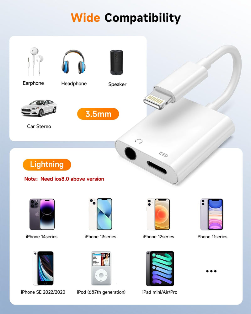 [MFi Certified] 2-in-1 Lightning to 3.5mm Audio & Charger Splitter for Headphones & Fast Charge, Compatible with iPhone 14/13/12/11/X/8/iPad - Car AUX, Gaming, Live Streaming, Work & Travel (1, White) White-1Pack