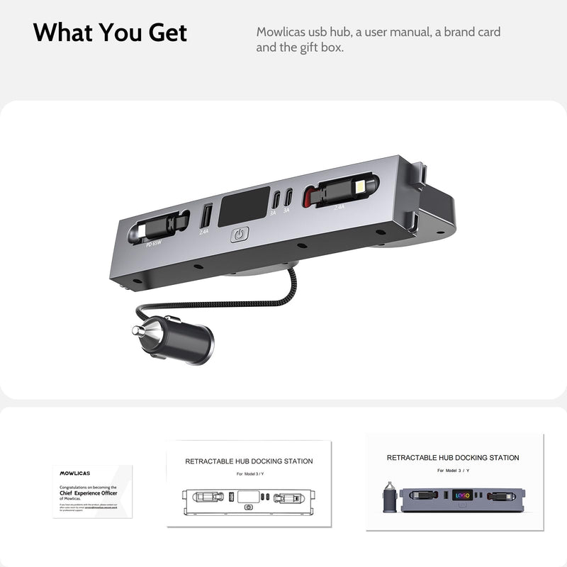 125W Max Retractable USB Hub, Tesla New Model Y Juniper (2026/2025) Accessories, Super Fast Charger Up 65W for MacBook Pro/Air/iPhone 16/15/Samsung Series, 5 in 1 Docking Station Tesla New Model Y Juniper (2026/2025)
