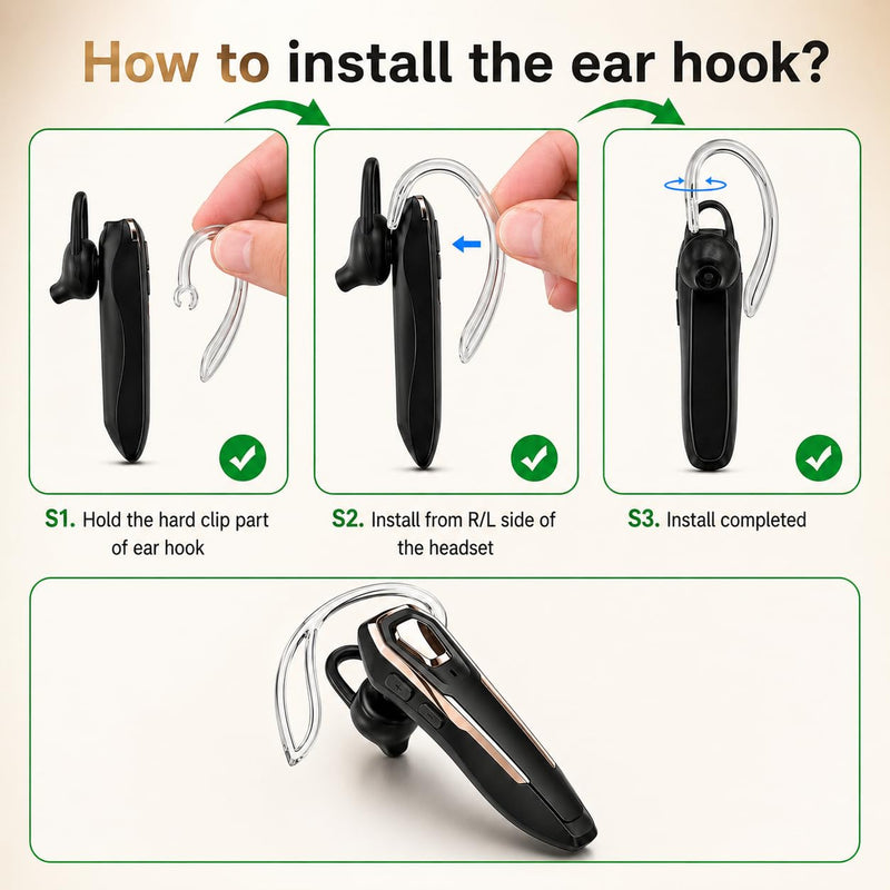 Gold Bluetooth Headset Single Ear Wireless Earpiece, 30H Talk Time, Dual MEMS Mics, Call Noise Reduction, Mute Button, USB-C, Voice Assistant, for Office Driving Cell Phones