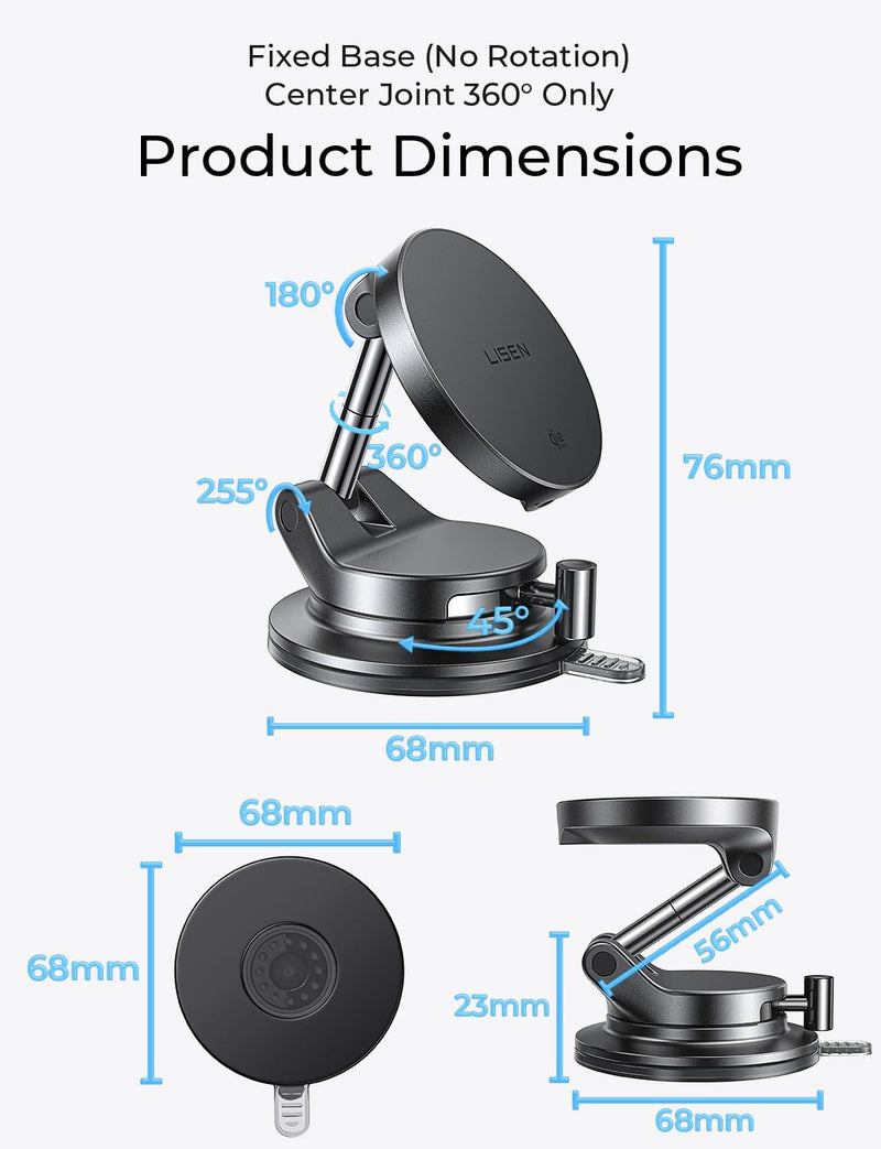 LISEN for Qi2.2 25W MagSafe Car Mount Charger,Magnetic Wireless Car Charger | [With 54W Adapter] Vacuum Suction Car Phone Mount, 360° Magnetic Wireless Phone Holders for Your Car, Only for iPhone 17-12 Black