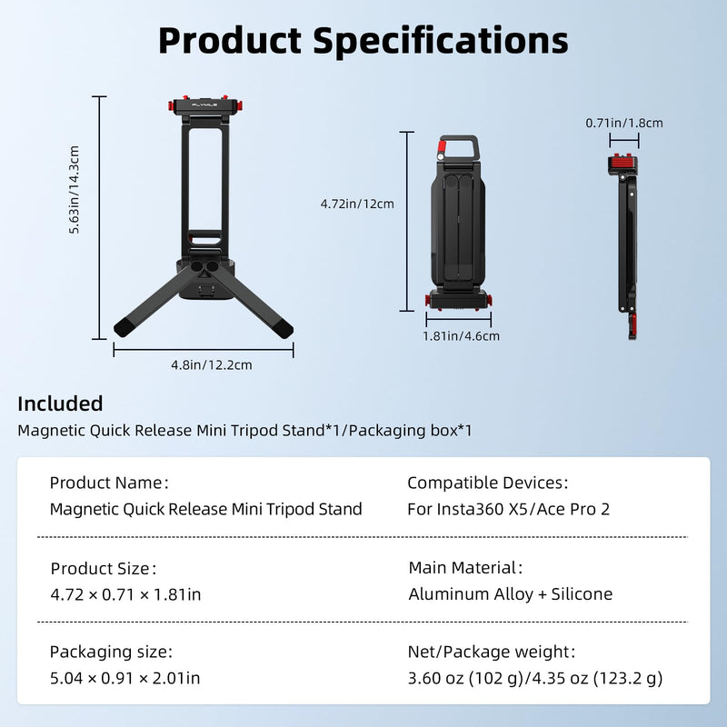 BRDRC X5 Magnetic Quick Release Tripod Stand, Aluminum Alloy Mini Table Mount for Insta360 X6/Ace Pro 2, 180° Adjustable Desktop Holder with 1/4" Screw Adapter, Arca-Swiss & Foldable Hook Accessories