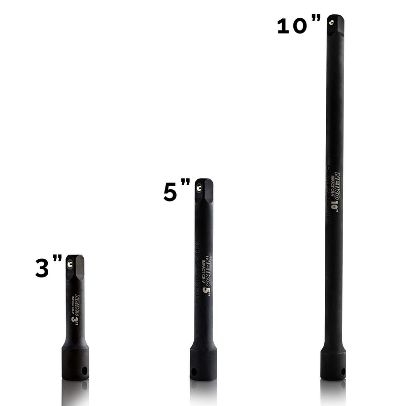 NEIKO 00234A 3/8-Inch-Drive Impact Extension-Bar Set, Made with CrV Steel, 3-Inch, 5-Inch, and 10-Inch Sizes, 3-Piece Set 3/8" DR 3 Piece, (3", 5", 10")