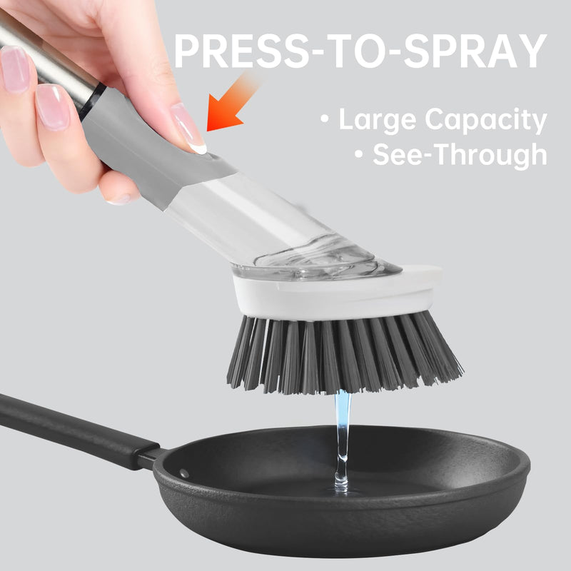 Soap Dispensing Scrub Brush - 4-in-1 Kitchen Cleaning Brush with Built-in Tank, Scraper Heads for Stubborn Grime on Pots Pans, Stand/Hang Storage-Grey 5 Gray
